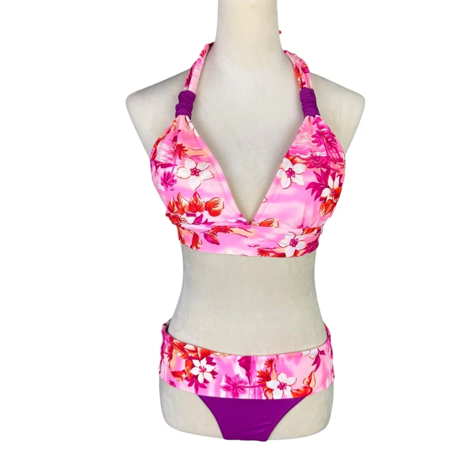 Traje de baño Ujena 84 L/M rosa púrpura hawaiano tropical floral corbata 2 piezas Foto 1 de 4