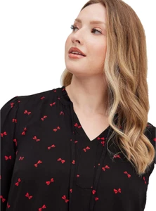 NWTTORRID Women's (0X) 12 Peasant Blouse Twill Bow Black Notched Neck Black Red - Picture 1 of 5