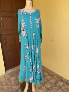 Pretty Long Turquoise And Pink Floral Print Dress/pink Covered Buttons Size xxl - Picture 1 of 16