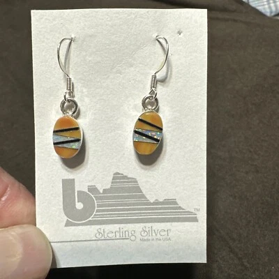 Pendientes colgantes ovalados de plata de ley 925 con incrustaciones de ónix negro ópalo de laboratorio espinoso naranja Foto 1 de 4
