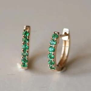 Genuine Emerald Mini Hoops In Solid 14k Yellow Gold Dainty Mini Hoops Earrings - Picture 1 of 4