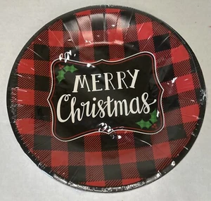 MERRY CHRISTMAS 8in Plates 20-Count Paper Dessert Holiday Party Plaid NEW - Picture 1 of 5