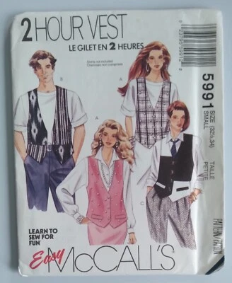 VINTAGE McCALL'S #5991 MEN'S & MISSES SIZES 32 1/2, 34 VESTS PATTERN UNCUT - Image 1 of 3