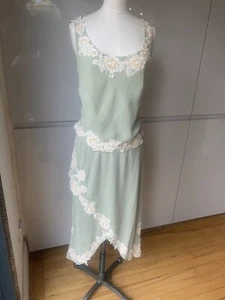 12 ANOUSHKA G MOTHER BRIDE CHIFFON SKIRT CAMI TOP SCARF GREEN IVORY BEADED HI LO - Picture 1 of 17
