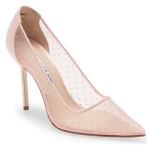 Manolo Blahnik BB 105 Pointy Toe Pump Size 9 39 EU Pink Mesh Satin Polka Dots - Picture 1 of 20