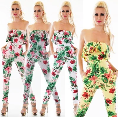 Damen Bandeau Schulterfrei Overall Jumpsuit Hose Hosenanzug Hawaii Blumen Volant - Bild 1 von 4