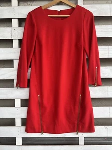 J Crew 3/4 sleeve Sheath Dress Double Gold Zipper Red office  Holiday 0. - Picture 1 of 18