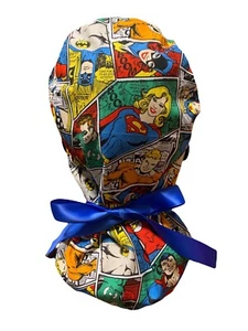 Super Heroes Medical Hat, Ponytail Nurse Scrub Cap SATIN LINED, Buttons - Picture 1 of 8