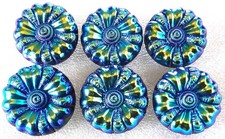 6 Czech Vintage Glass Buttons #G969 - 23 mm - 7/8" - BLUE IRIDESCENT FINISH