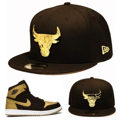 New Era Chicago Bulls Snapback Hat Match Air Jordan 1 Black Metallic Gold Cap - Image 1 of 4