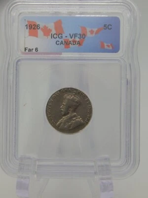 1926 Canada 5 Cent Piece Coin - Nickel - ICG Graded VF 30 Far 6  (BT773) - Image 1 of 4