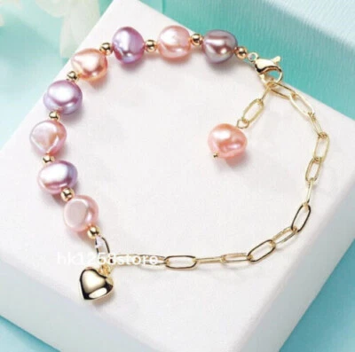 Adjustable Gorgeous AAA+ Baroque South Sea Purple Pink Pearl Bracelet 14k Gold P - Image 1 of 4