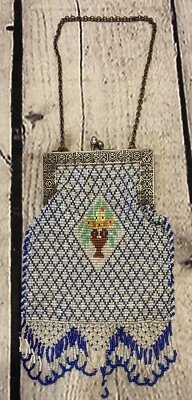 Cartera vintage con cuentas Whiting & Davis esmalte malla con cuentas Art Deco aleta azul Foto 1 de 4