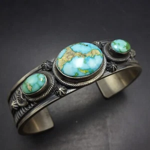 MELVIN FRANCIS Navajo Heavy Gauge STAMPED SterlingSilver TURQUOISE Cuff BRACELET - Picture 1 of 15