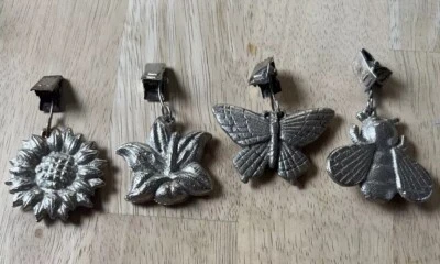 4 Vintage Metal Clip-on Outdoor Tablecloth Weights Sunflower Tulip Butterfly Bee - Image 1 of 4