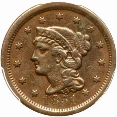 1851 N-40 R-5+ PCGS VF 35 Braided Hair Large Cent Coin 1c - Image 1 of 3
