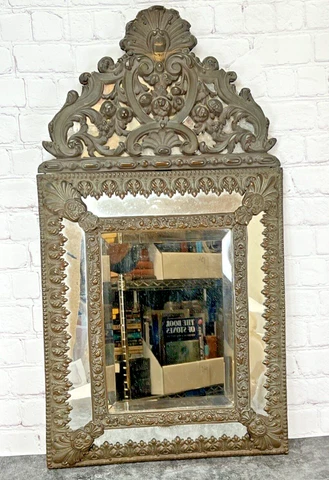 Antique 1800s Baroque Beveled Repousse Mirror - European, Dutch, Brass / Copper Cover