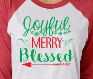 Joyful Merry Blessed Mangas 3/4 Raglan Regalo de Navidad Vacaciones Familia Mamá Madre - Imagen 1 de 4