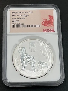 2022 Australia .9999 Bullion Silver Lunar Year of the Tiger NGC MS70 1oz $1 Coin - Picture 1 of 2