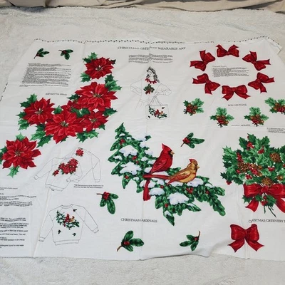 Vintage Cranston Red Bow Bird Christmas Applique Craft Fabric Wearable Art Panel - Image 1 of 4