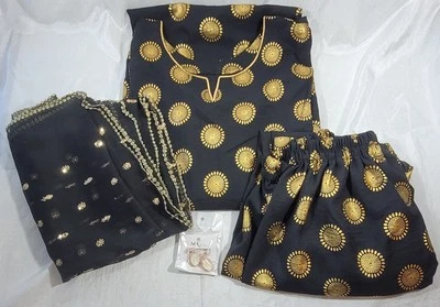 Women's 3pc Cotton Dupatta Kurta Set - Black & Gold - 44" Chest, 40" Long - Image 1 of 4