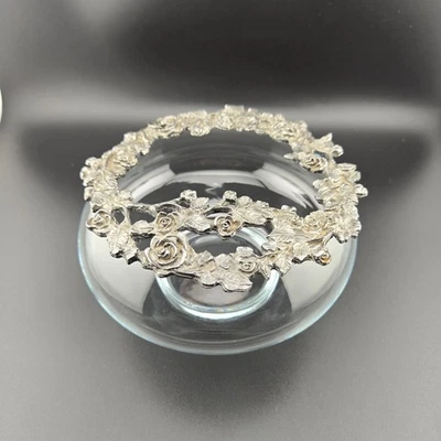 Jarrón vintage de vidrio rosa cuenco tono plata metal flor rana tapa rejilla floral redondo Foto 1 de 4