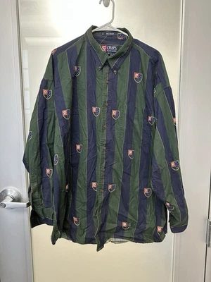 CHAPS RALPH LAUREN 90s Button-down Shirt XXL Green Navy Striped Emblem Logo - Image 1 of 4