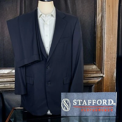 Stafford 2 Piece Suit Mens 44L 40x30 Navy Blue Stripe Wool Portly - Image 1 of 4