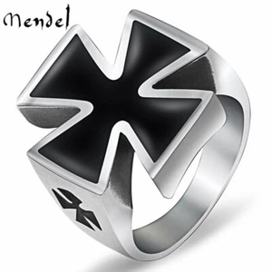 MENDEL Mens 316L Stainless Steel MC Black Iron Cross Biker Ring Silver Size 7-15