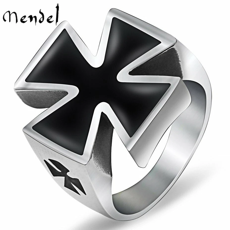 Anillo de motociclista con cruz de hierro negro MC de acero inoxidable 316L para hombre Mendel plateado talla 7-15 Foto 1 de 4