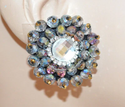 Orecchini clips donna cristalli grigio argento boreale strass lobo bottone UP19 - Immagine 1 di 3