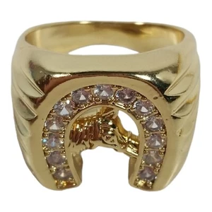Gold electroplated Western Horse Ring Cubic Zirconia Horseshoe Mens sz 12 - Picture 1 of 7