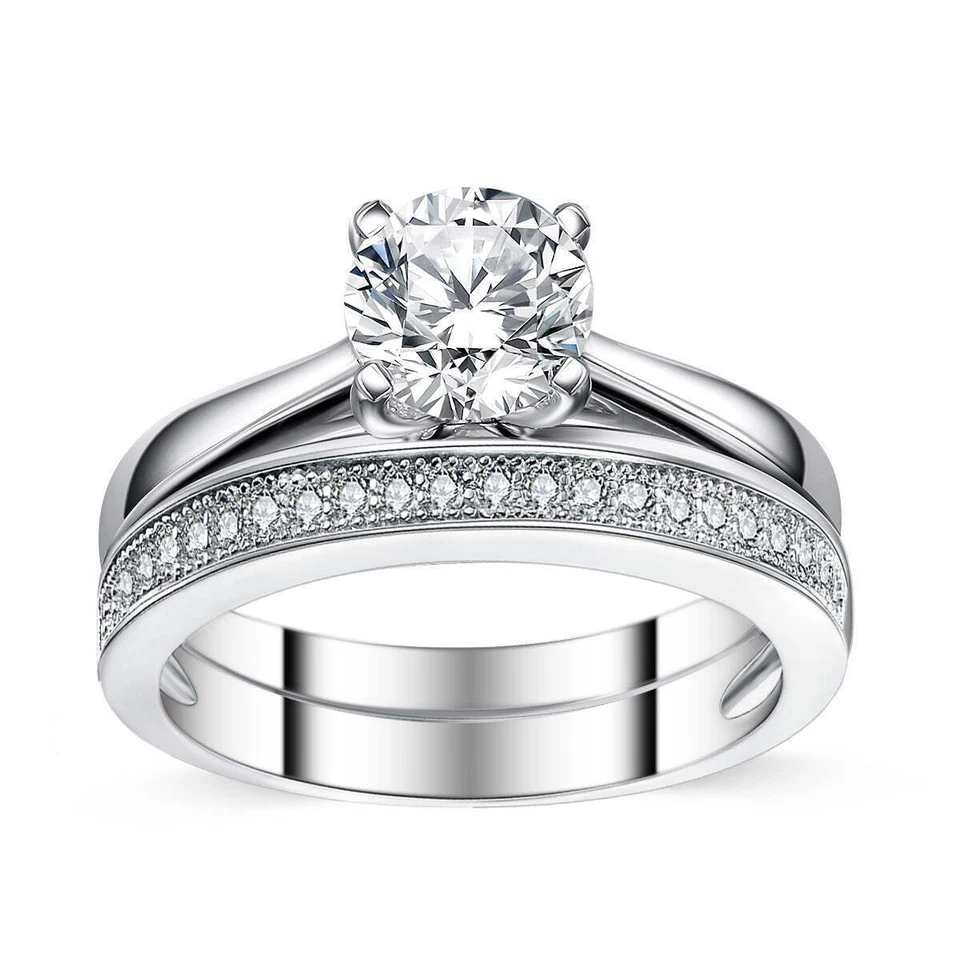 925 Sterling Silver Women's Cubic Zirconia Eternity Engagement Wedding Ring Set - Image 1 of 4