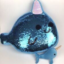NARWHAL Plush Stuffed Pillow Turquoise Blue Silver Magic Flip Sequin 17” & Buddy