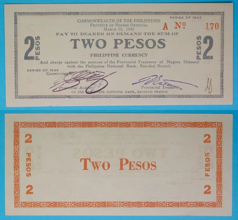 1942 Philippines ~ Negros Oriental 2 Pesos ~ CU ~ WWII Emergency Note ~ NOR-106 Cover