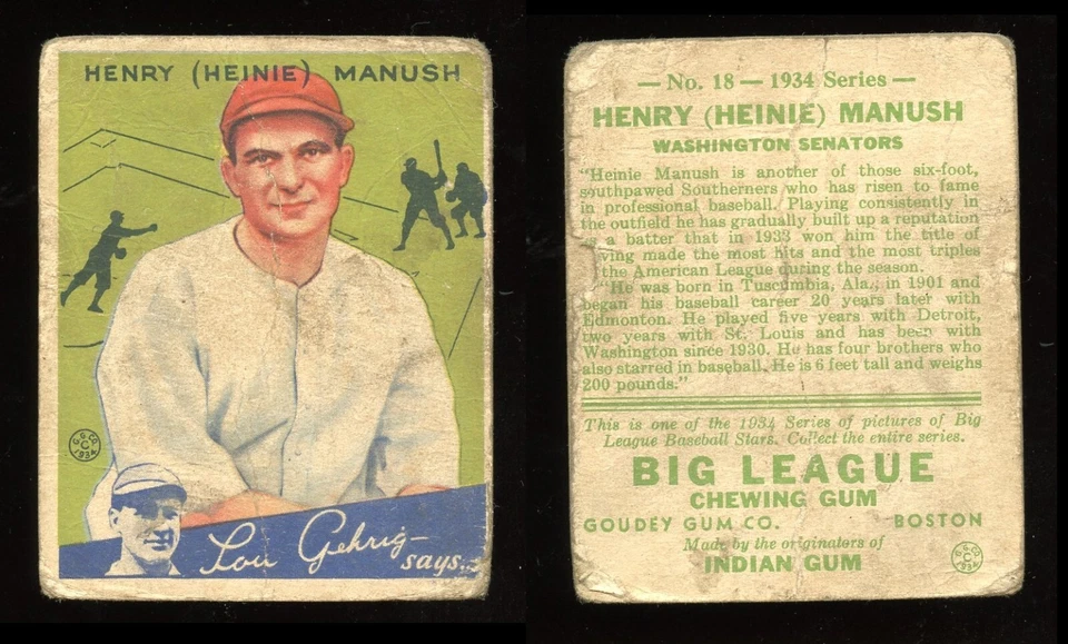 1934 Goudey Set Break #18 Heinie Manush Salón de la fama ~~ Estado FR ~~ Senadores Foto 1 de 1
