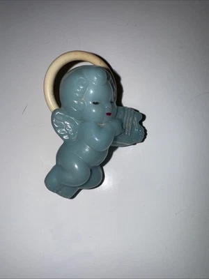 Vintage Cherub Angel with Harp Baby Rattle Ring Toy  Plastic Blue  2 3/4" - Image 1 of 4