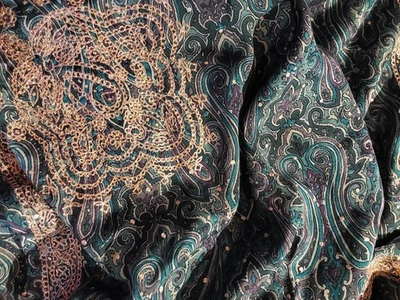 Sari vintage 100 % seda verde, púrpura, azul, bordado dorado 94"x44" Foto 1 de 4