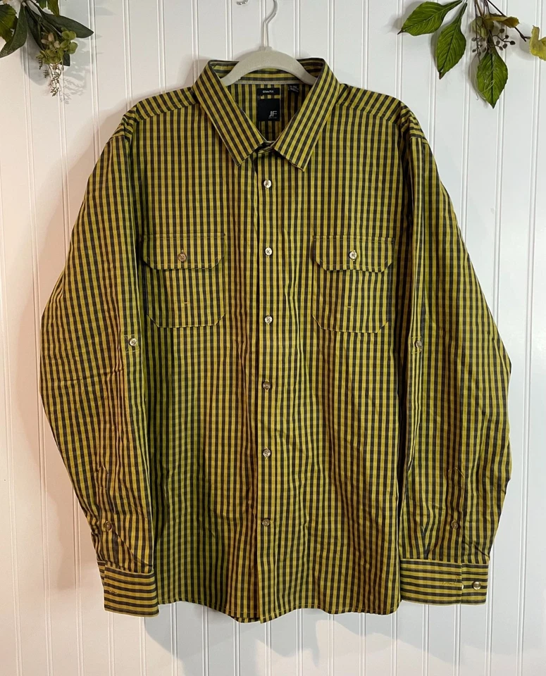 Camisa J.Ferrar Calce Ajustado Amarillo y Gris Rayas Abotonada XXL 18-18.5 100% Algodón Foto 1 de 4