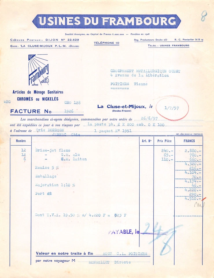 1957 ARTICLES DE MENAGE SANITAIRES USINES DU FRAMBOURG A LA CLUSE ET MIJOUX - - Imagen 1 de 1