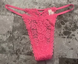 NWT VICTORIA'S SECRET PINK FLORAL LACE SIDE STRING STRAP LACE UP THONG PANTIES - Picture 1 of 5