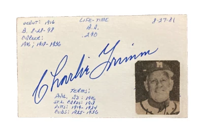 Charlie Grimm Vintage Cubs MLB Playr/Mngr "Jolly Cholly" Autographed Stat Card - Image 1 of 4