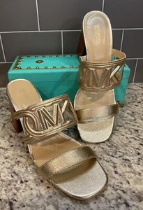 MICHAEL KORS Women Sz 8.5 Alma Metallic Leather Mid Sandal Slides 40S4ALMS1M NEW - Picture 1 of 5