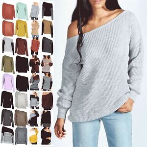 Womens Off the Shoulder Chunky Knit Jumper Ladies Oversized Baggy Sweater Top