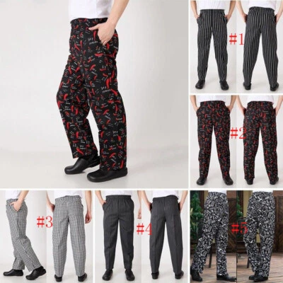 Women Men Chef Pants Restaurant Cook Uniform Trousers Elastic Waist Stripe - Image 1 of 4