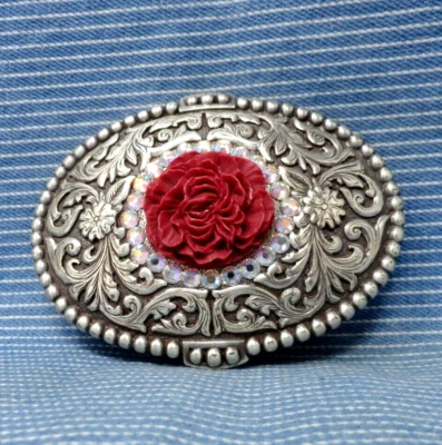 Western Rose Belt Buckle Scroll Flourish Rhinestone Cowgirl Vtg 90s      .GTA592 - Image 1 of 4
