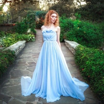 Women's SHELL N Pleated Flower Neck Line Maxi Dress Blue SP handmade princess - Image 1 of 4