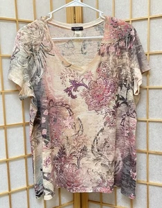 Cocomo Woman Top 1X Bohemian Floral Print Blouse w/Bejeweled Accents Peach - Picture 1 of 12