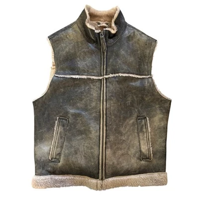 Vintage Guess Distressed Leather Vest Mens XL Front Zip Faux Fur Lined Western - Image 1 of 4