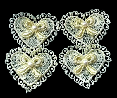 Yellow color Bow Heart Pearl appliques price for 4 hearts (size 2"W x 2"H) - Image 1 of 3